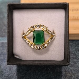 John + Jenn Gold Ring with Deep Green Center and Crystal Halo